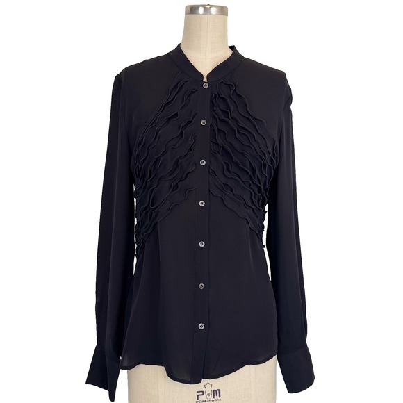 ARMANI COLLEZIONI Black Silk Long Sleeve Button-Up Ruffle Blouse Top Size 6